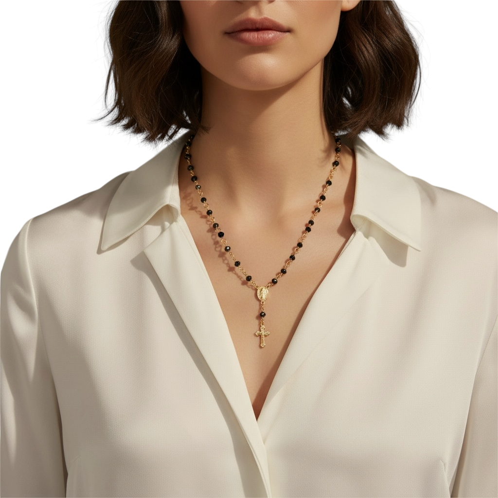 Fashion Rosary with Black Beads Necklace in 18K gold-filled, view 3