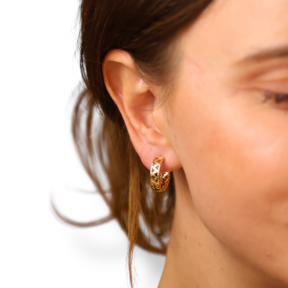Twin Hearts Huggie Hoop Earrings in 18K gold-filled, view 4