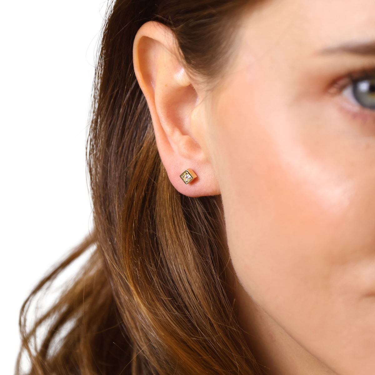 Square Bezel CZ 5mm Stud Earrings in 18K gold-filled, view 4