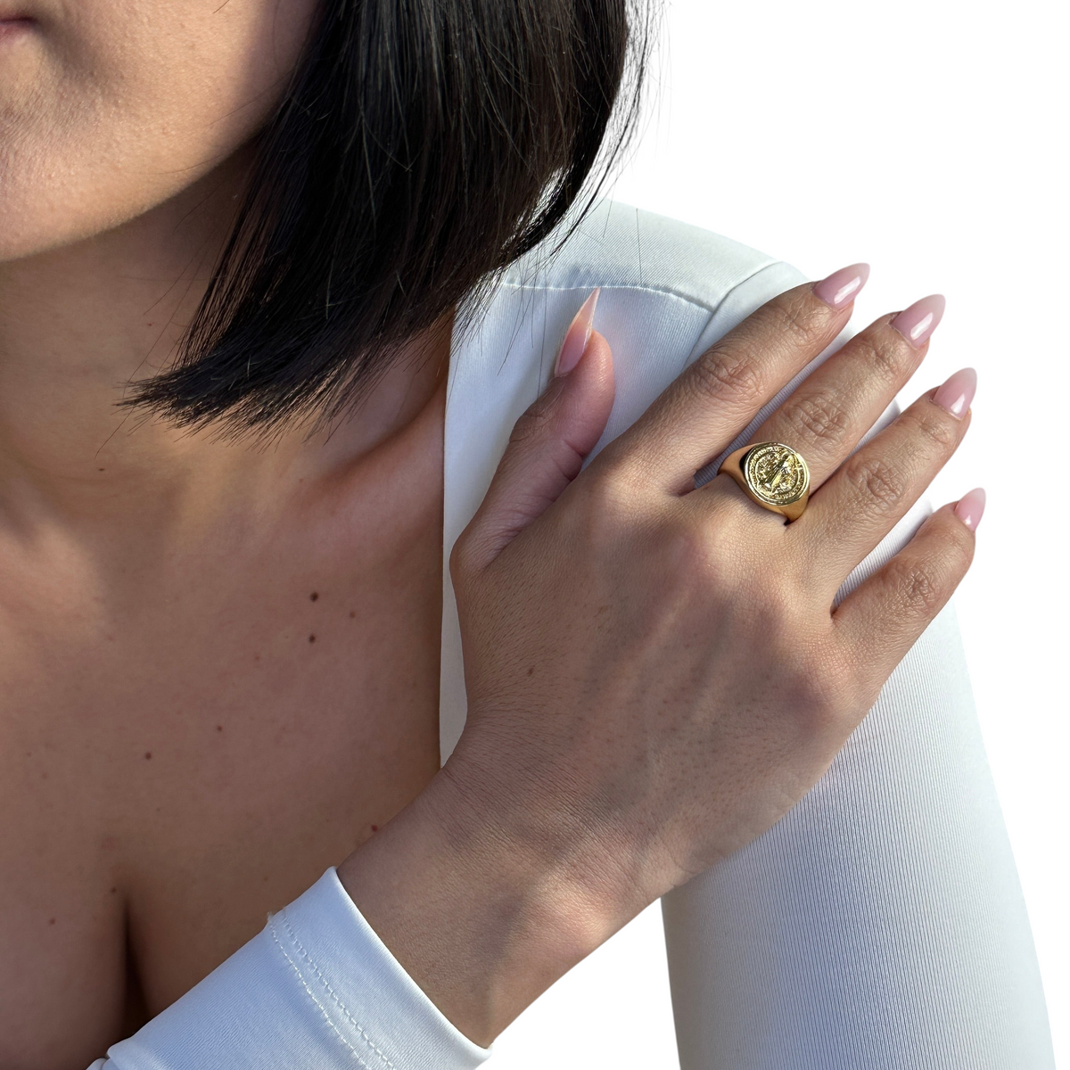 Saint Benedict Signet Ring in 18K gold-filled, view 3