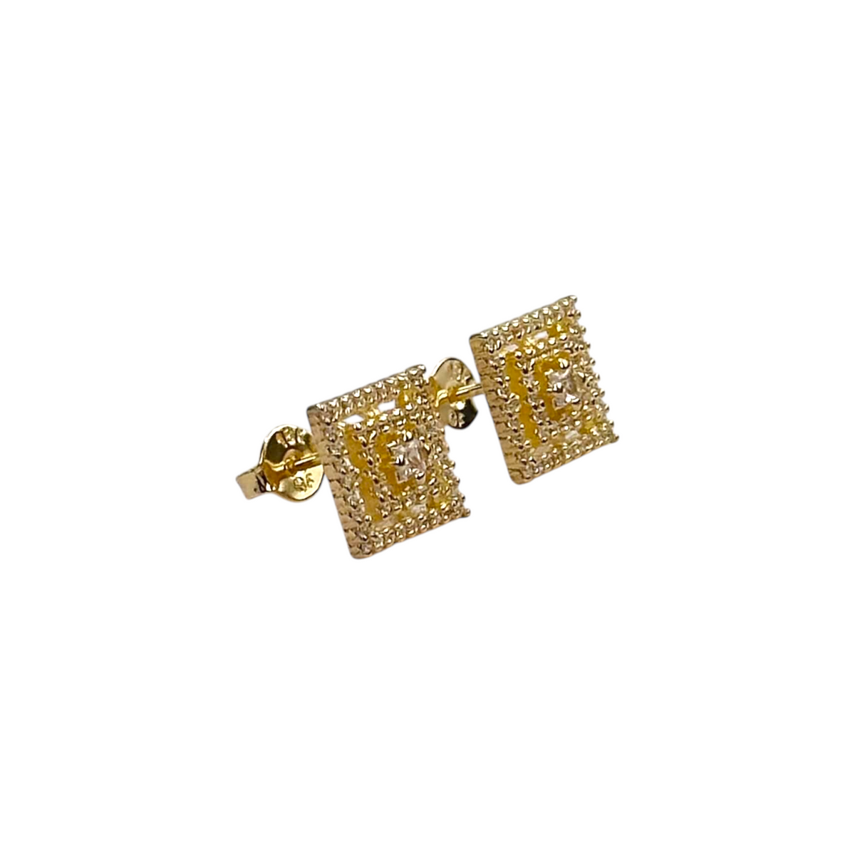 Princess Cut Double Halo CZ 10mm Stud Earrings in 18K gold-filled, view 4