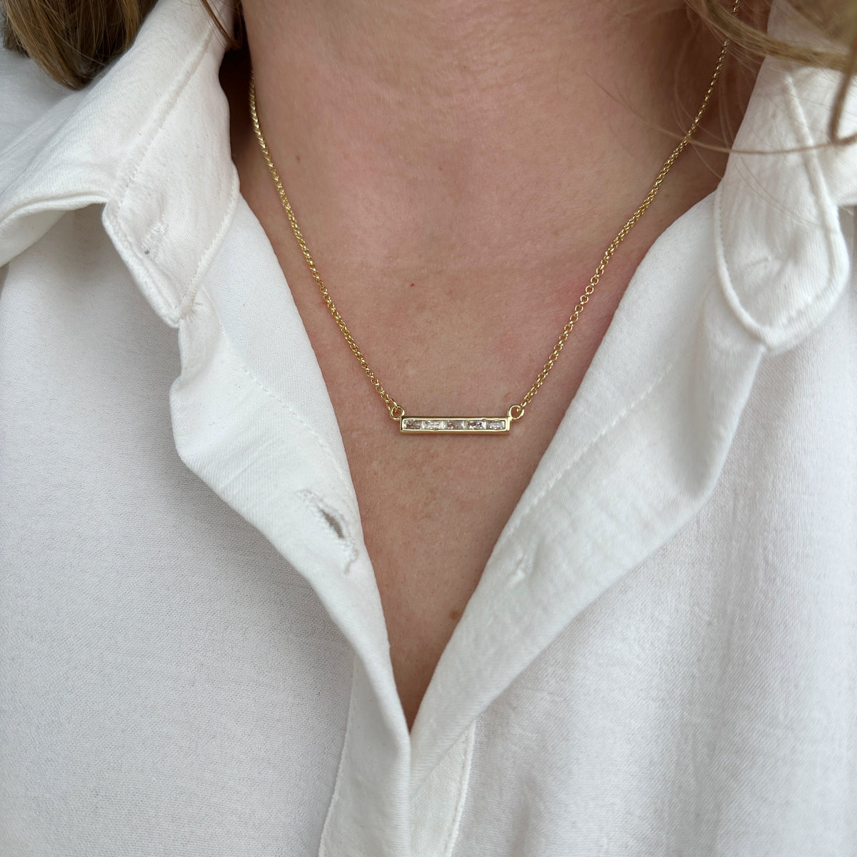 Baguette CZ Bar 25mm Necklace in 18K gold-filled, view 5