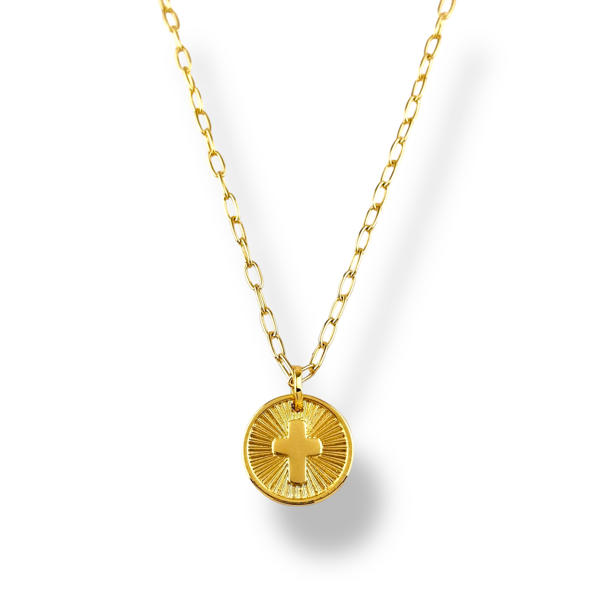 Sunburst Cross Medallion Necklace in 18K gold-filled