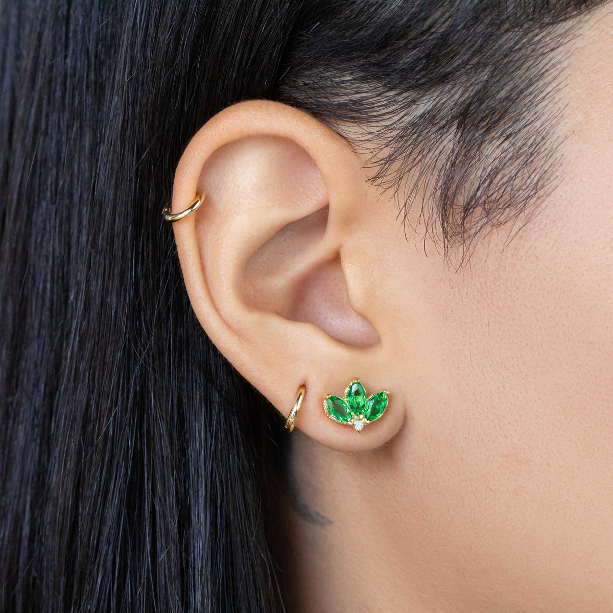 Vintage Lotus Flower Emerald CZ 11.5mm Stud Earrings in 18K gold-filled, view 2