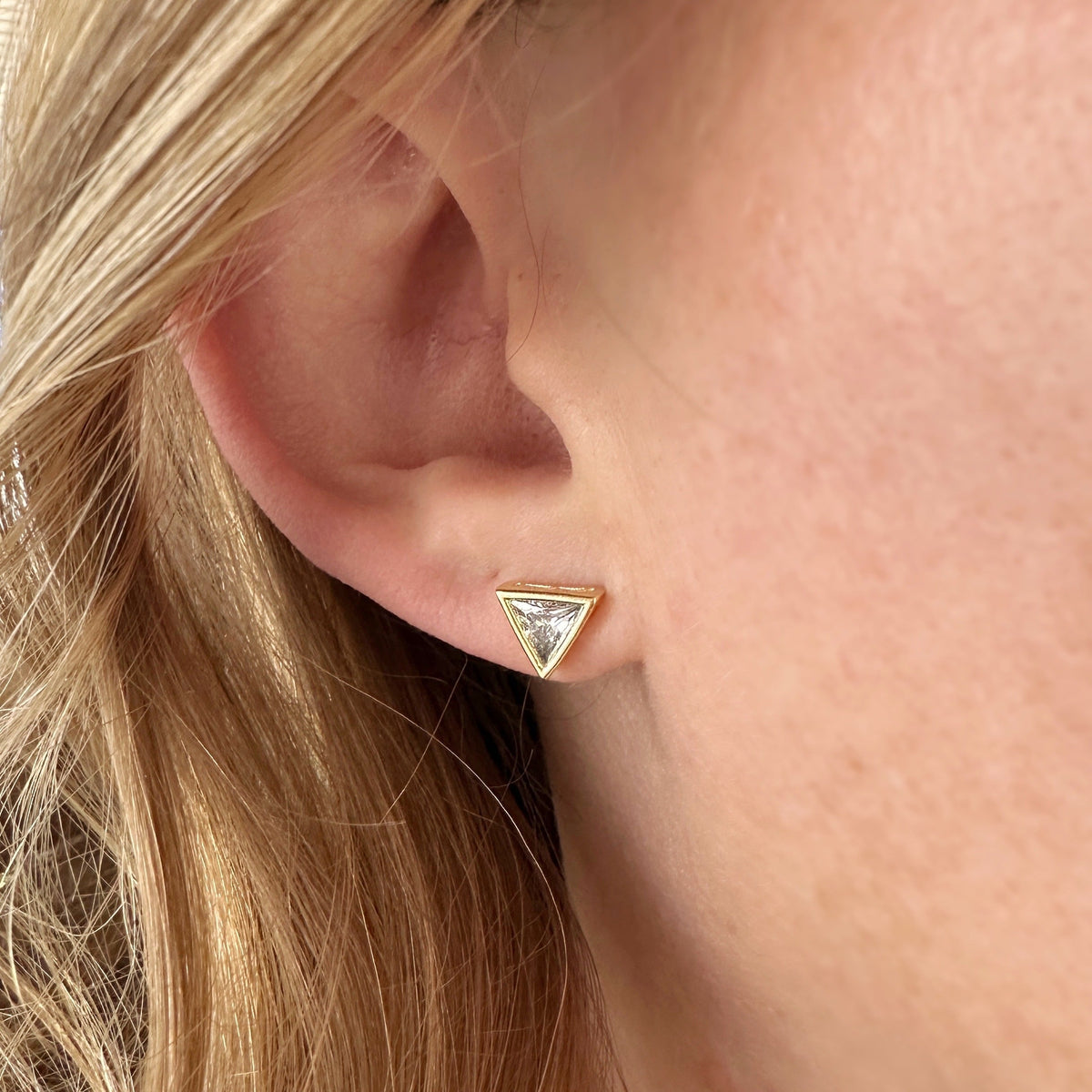 Triangle Frame CZ 9mm Stud Earrings in 18K gold-filled, view 3