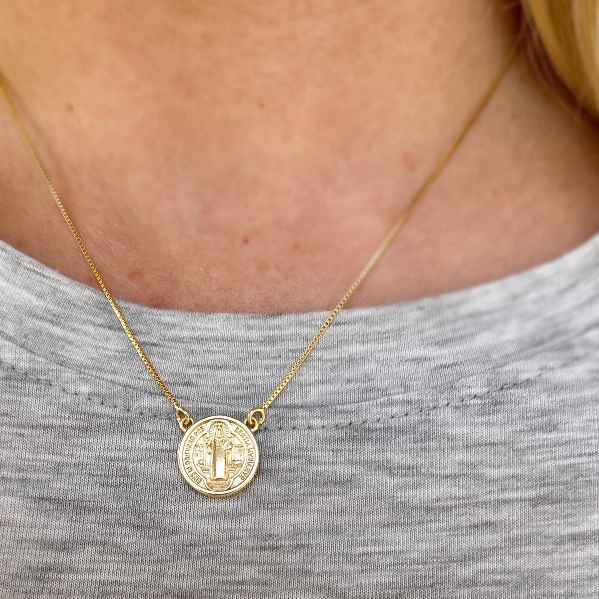 Saint Benedict Double Sided Medal Necklace in 18K gold-filled, view 6