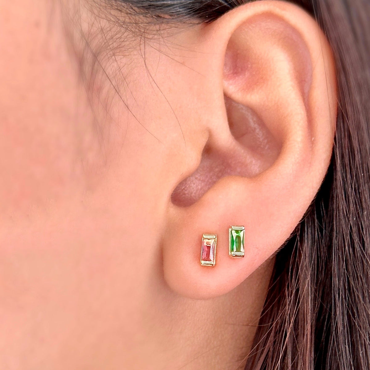 Birthstone Baguette Bezel CZ 10mm Stud Earrings in 18K gold-filled, view 5