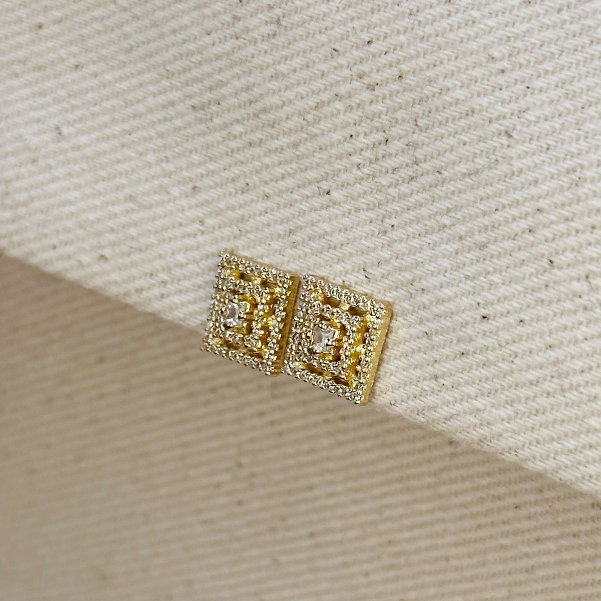 Princess Cut Double Halo CZ 10mm Stud Earrings in 18K gold-filled, view 6