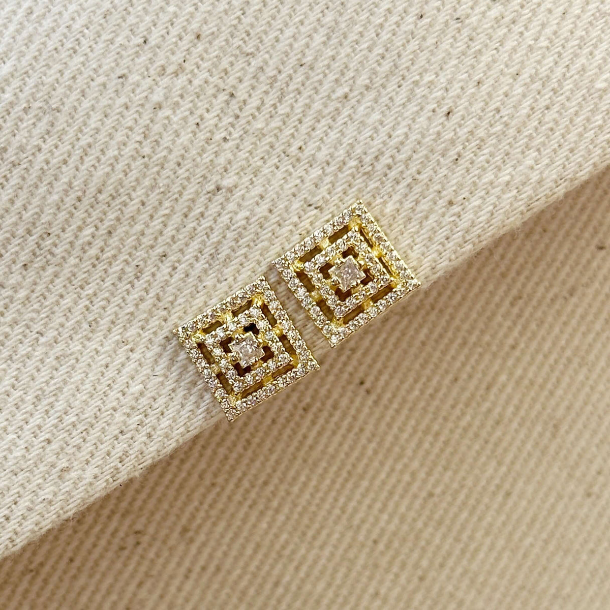 Princess Cut Double Halo CZ 10mm Stud Earrings in 18K gold-filled, view 7