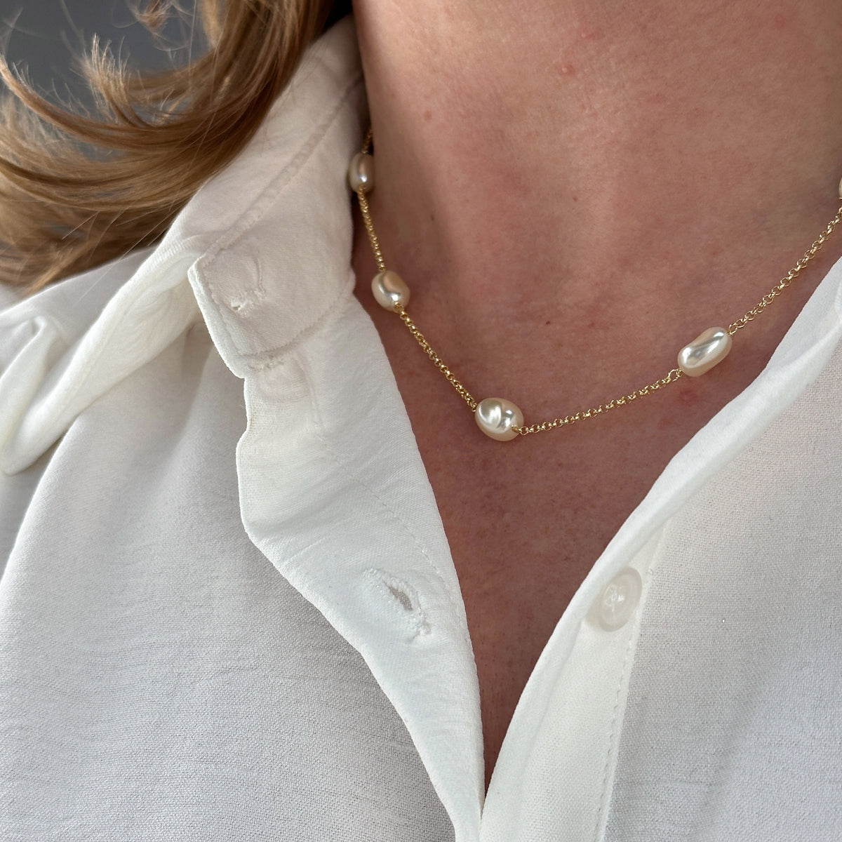 Baroque Pearl Station Necklace in 18K gold-filled, view 3