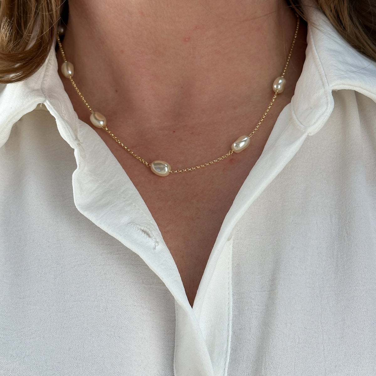 Baroque Pearl Station Necklace in 18K gold-filled, view 4