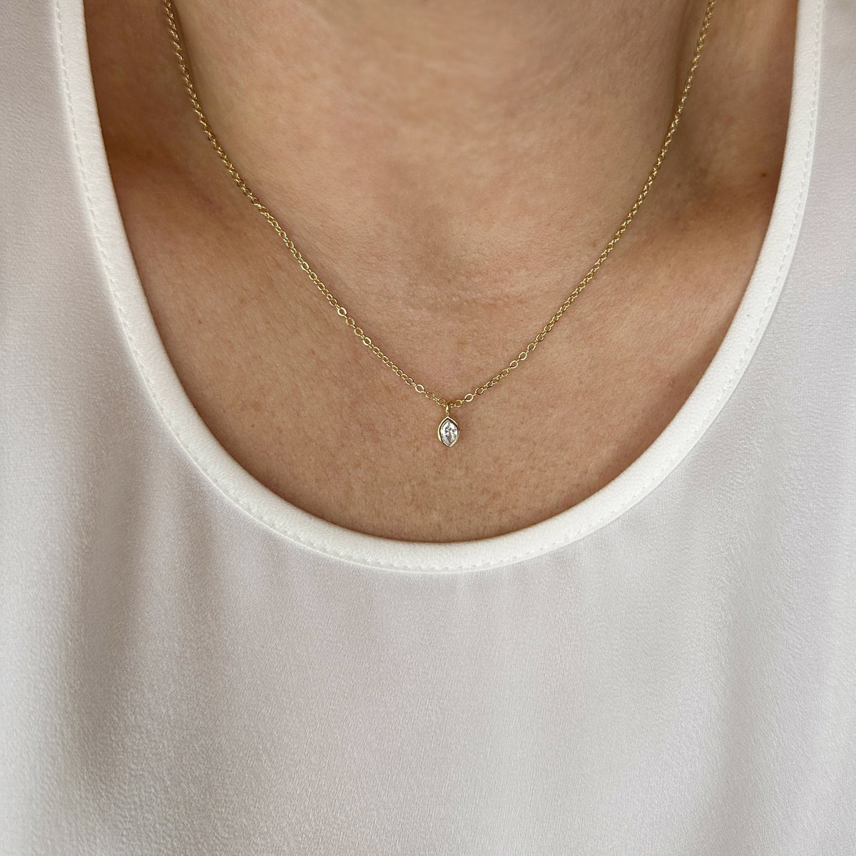 Marquise Bezel CZ 6mm Necklace in 18K gold-filled, view 2