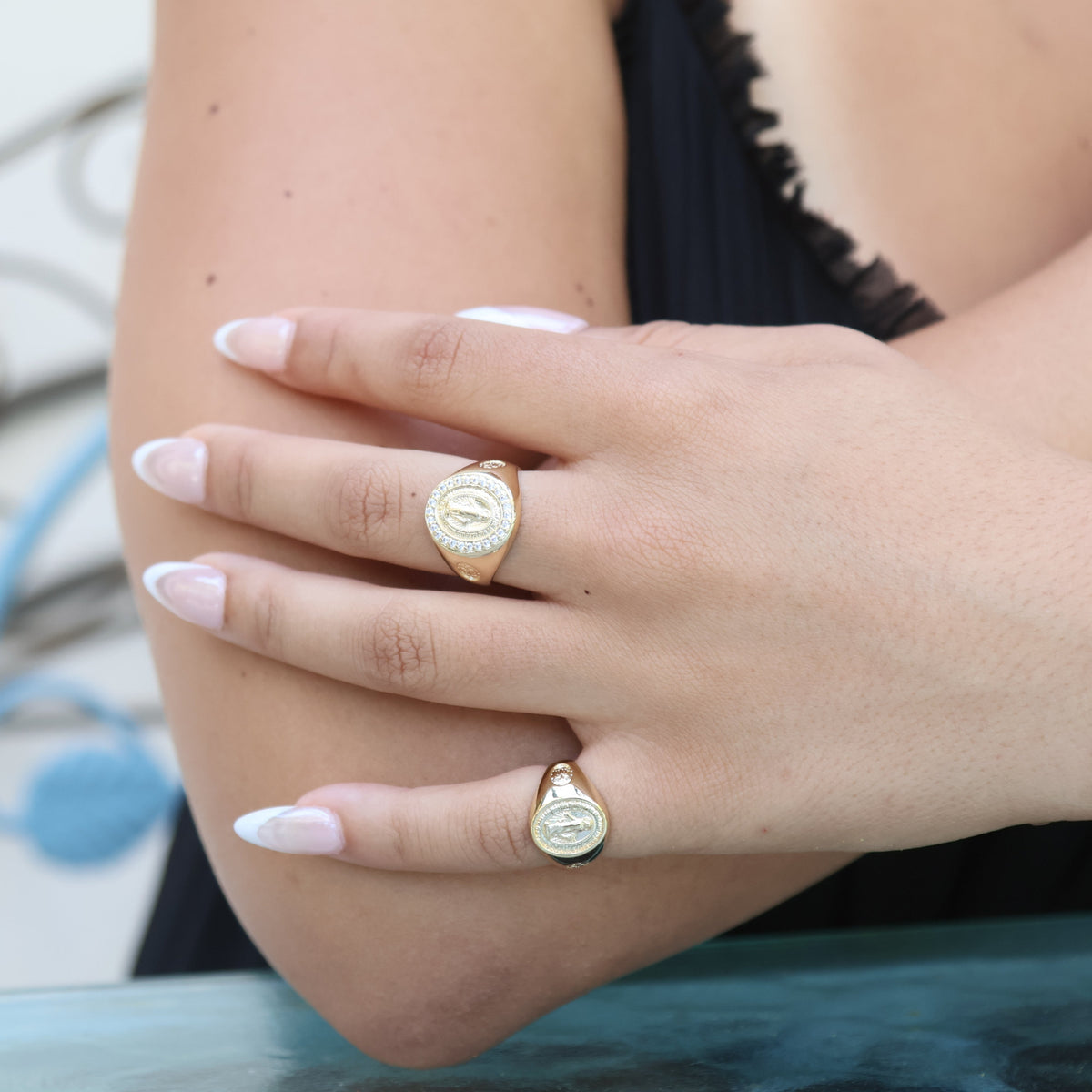 Lady of Grace Medal CZ Ring in 18K gold-filled, view 4