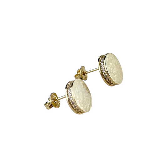 Brushed Button CZ 10mm 18K Gold Filled Stud Earrings