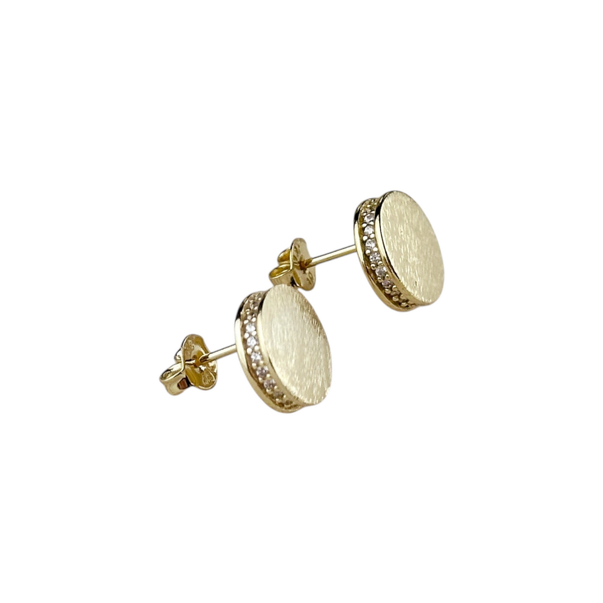 Brushed Button CZ 10mm Stud Earrings in 18K gold-filled, view 2