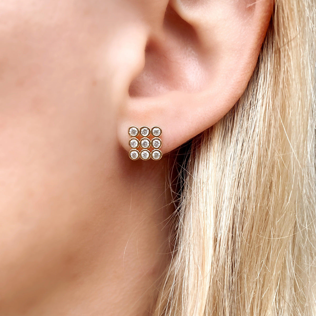 3x3 CZ Cluster Square Stud Earrings in 18K gold-filled, view 3
