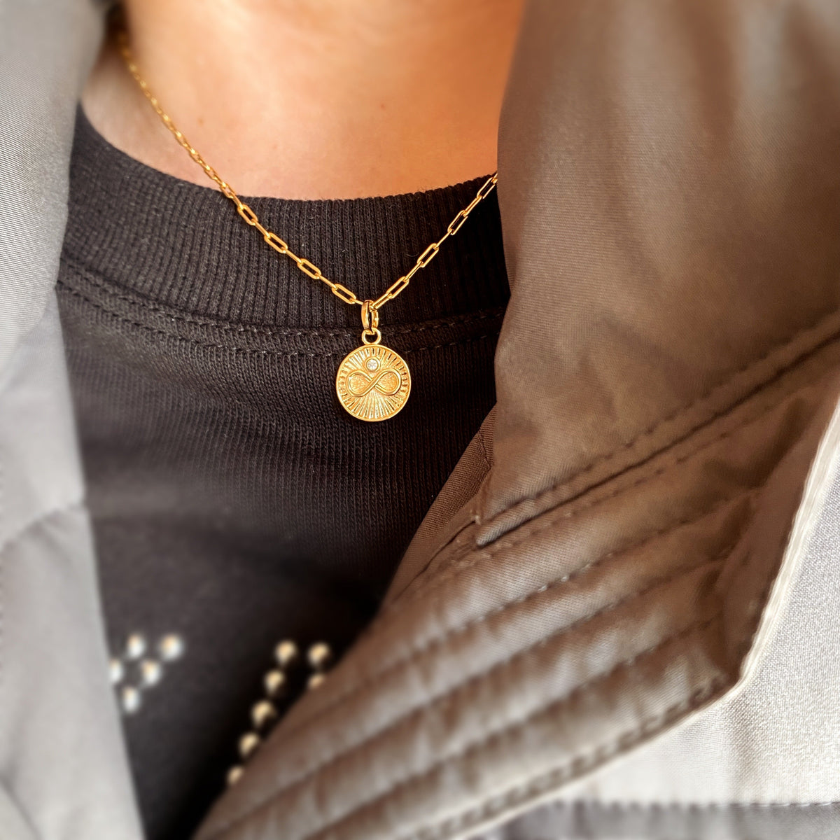 Infinity Medallion CZ 18mm Pendant in 18K gold-filled, view 3