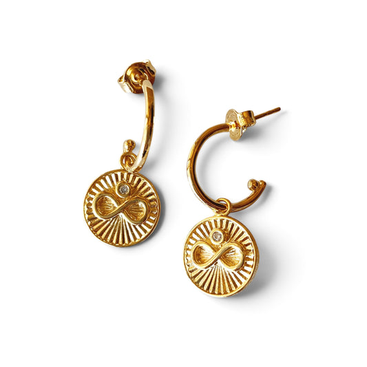 18k Gold Filled Infinity CZ Medallion Open Hoop Earrings