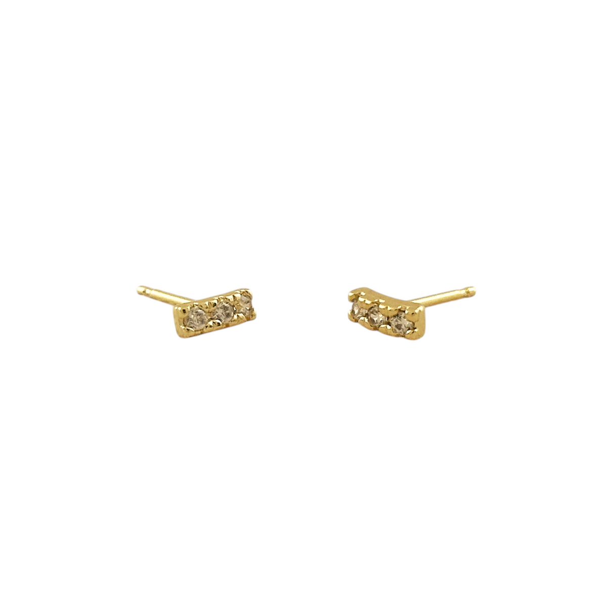Three Stone CZ Bar 6mm Stud Earrings in 18K gold-filled, view 2