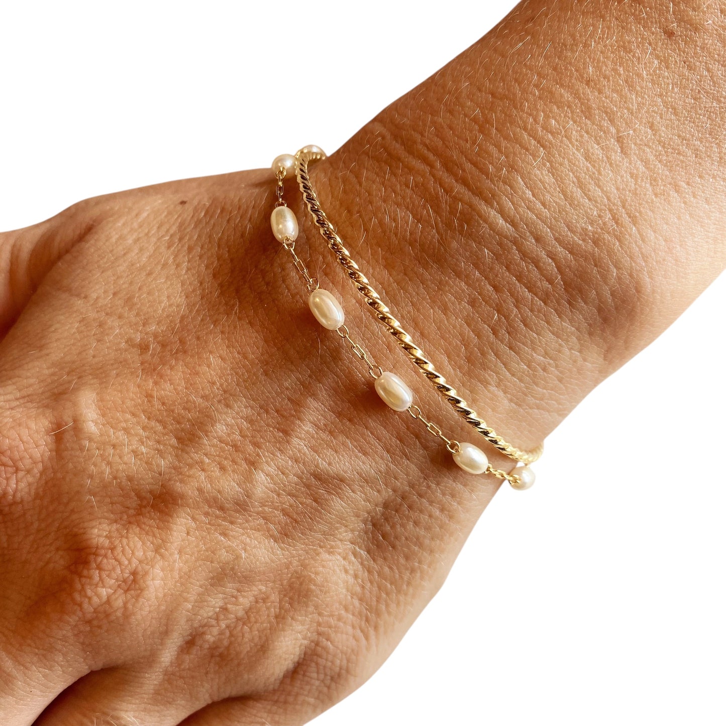 Twisted Cuff & Pearl Chain 18k Gold Filled Bracelet