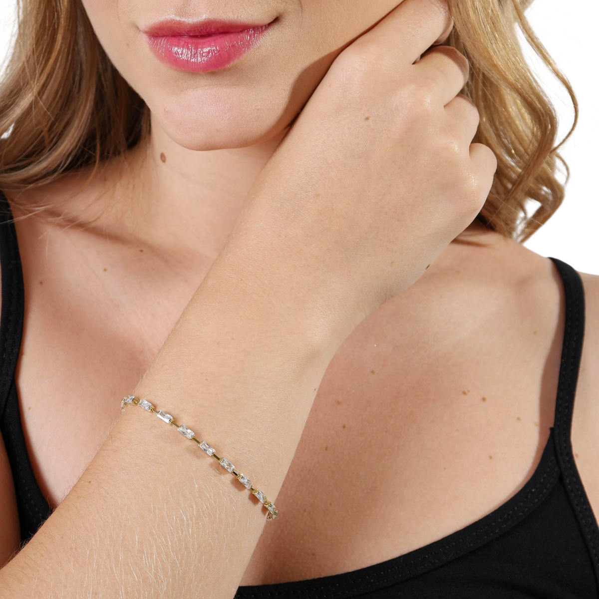 Classic Baguette CZ 4mm Riviera Bracelet in 18K gold-filled, view 3