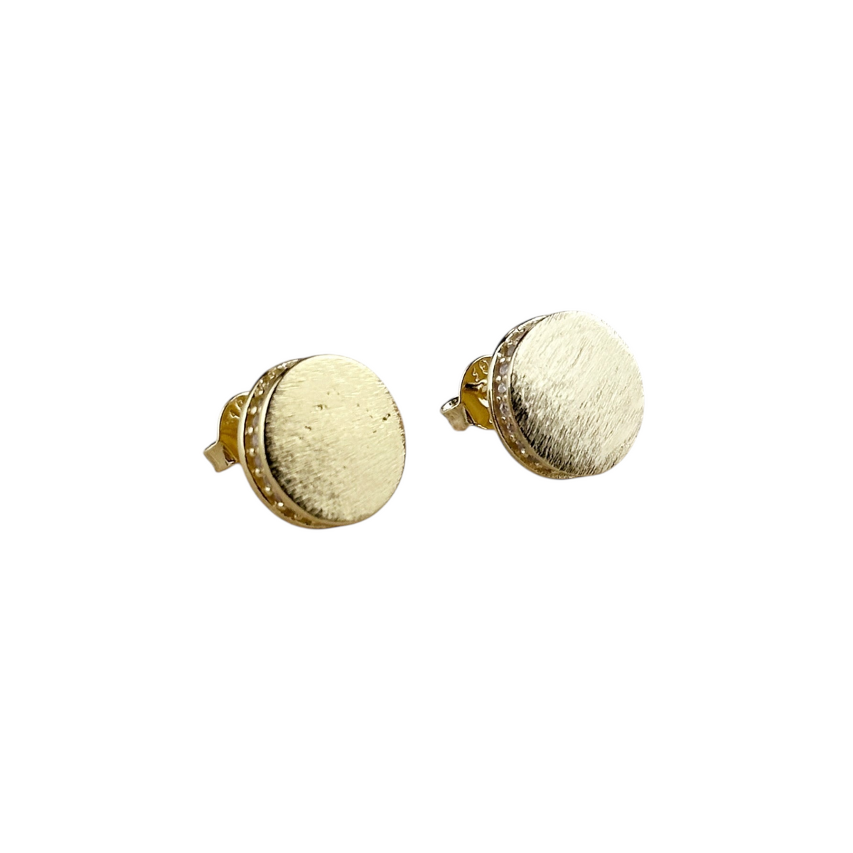 Brushed Button CZ 10mm Stud Earrings in 18K gold-filled