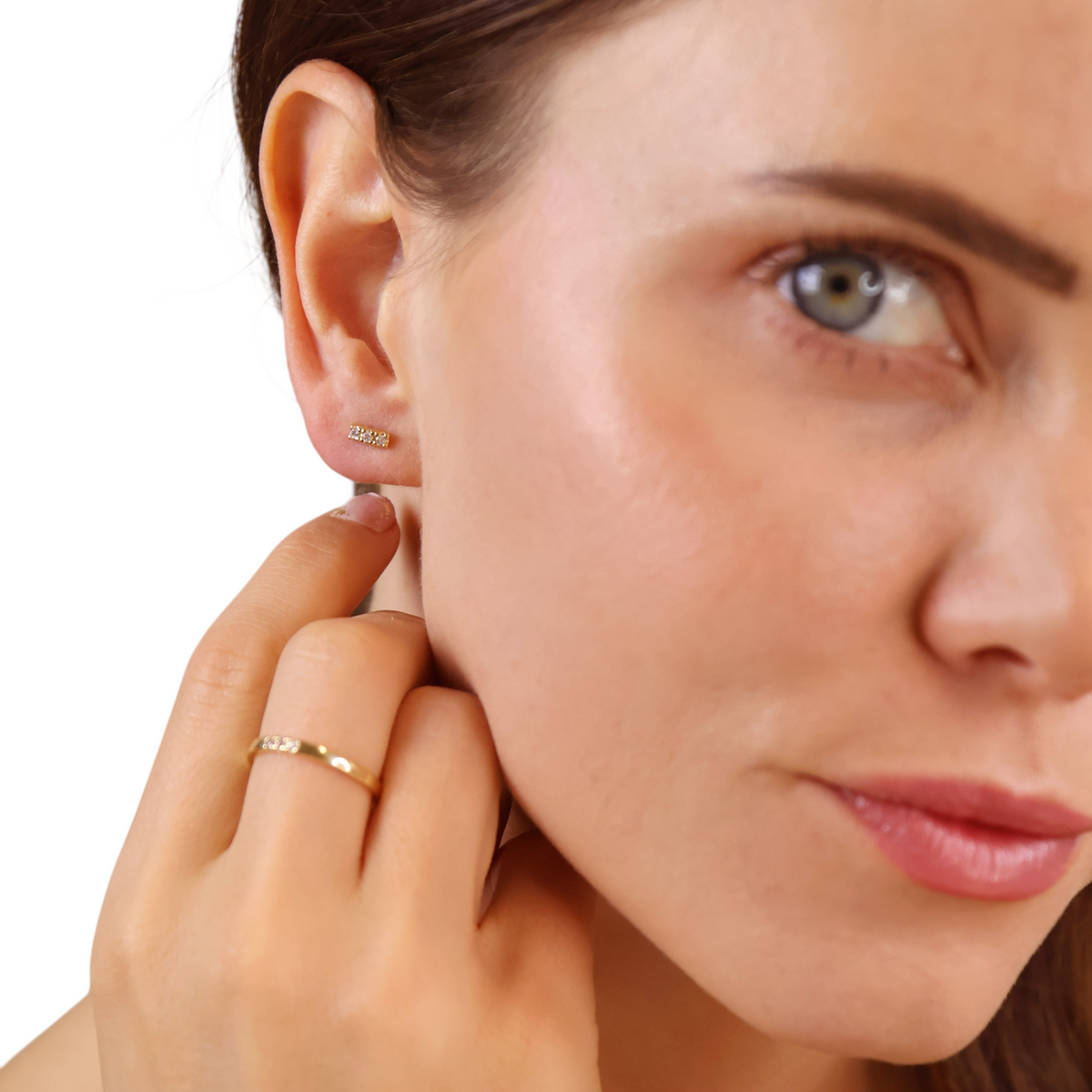 Three Stone CZ Bar 6mm Stud Earrings in 18K gold-filled, view 3