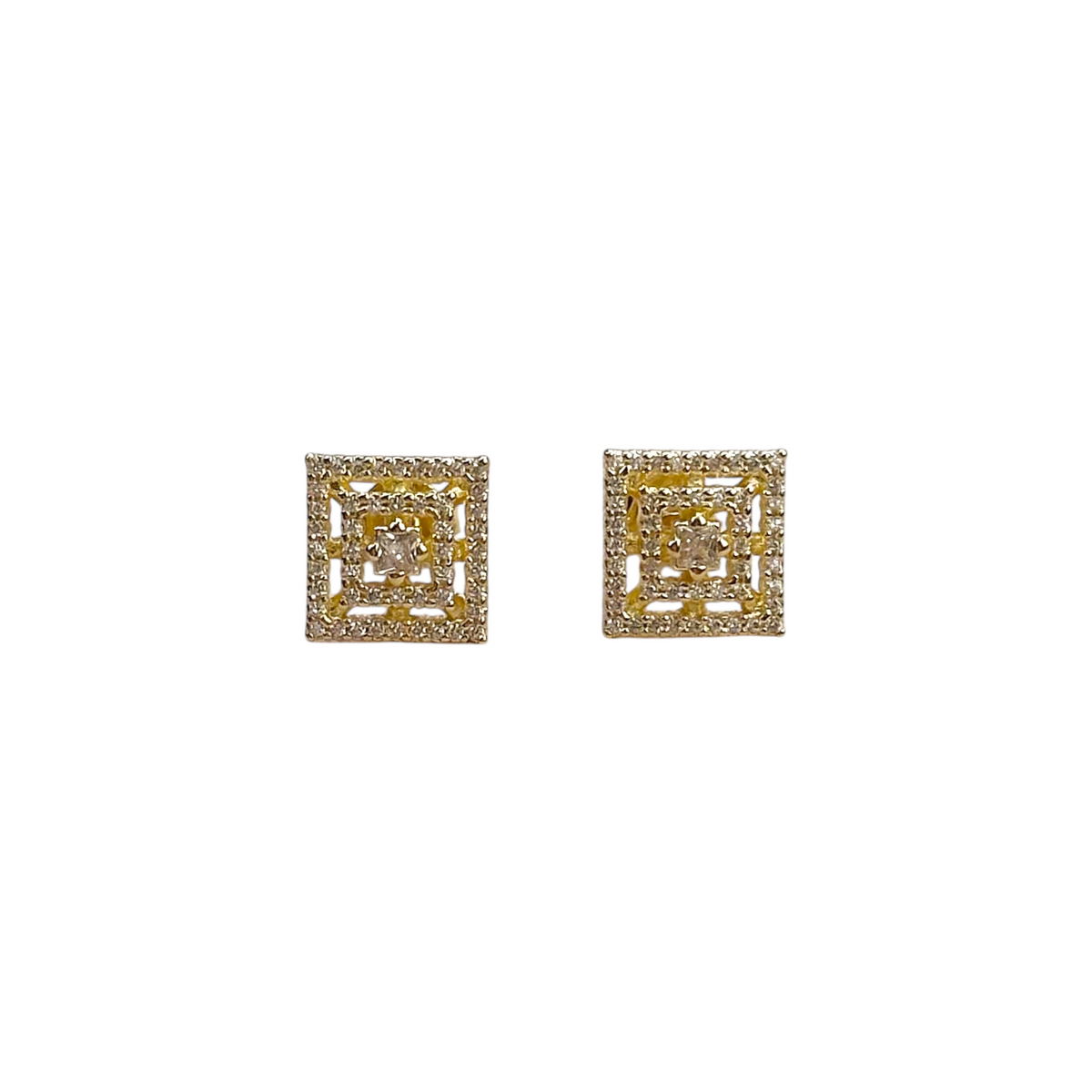 Princess Cut Double Halo CZ 10mm Stud Earrings in 18K gold-filled, view 2