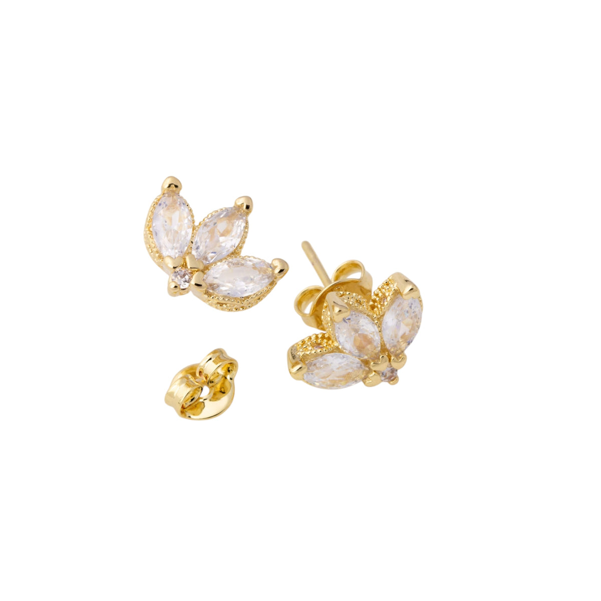 Vintage Lotus Flower Clear CZ 11.5mm Stud Earrings in 18K gold-filled, view 3