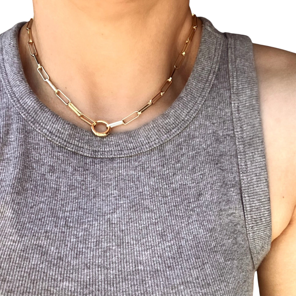 Paperclip Link Chain Carabiner Necklace in 18K gold-filled, view 3