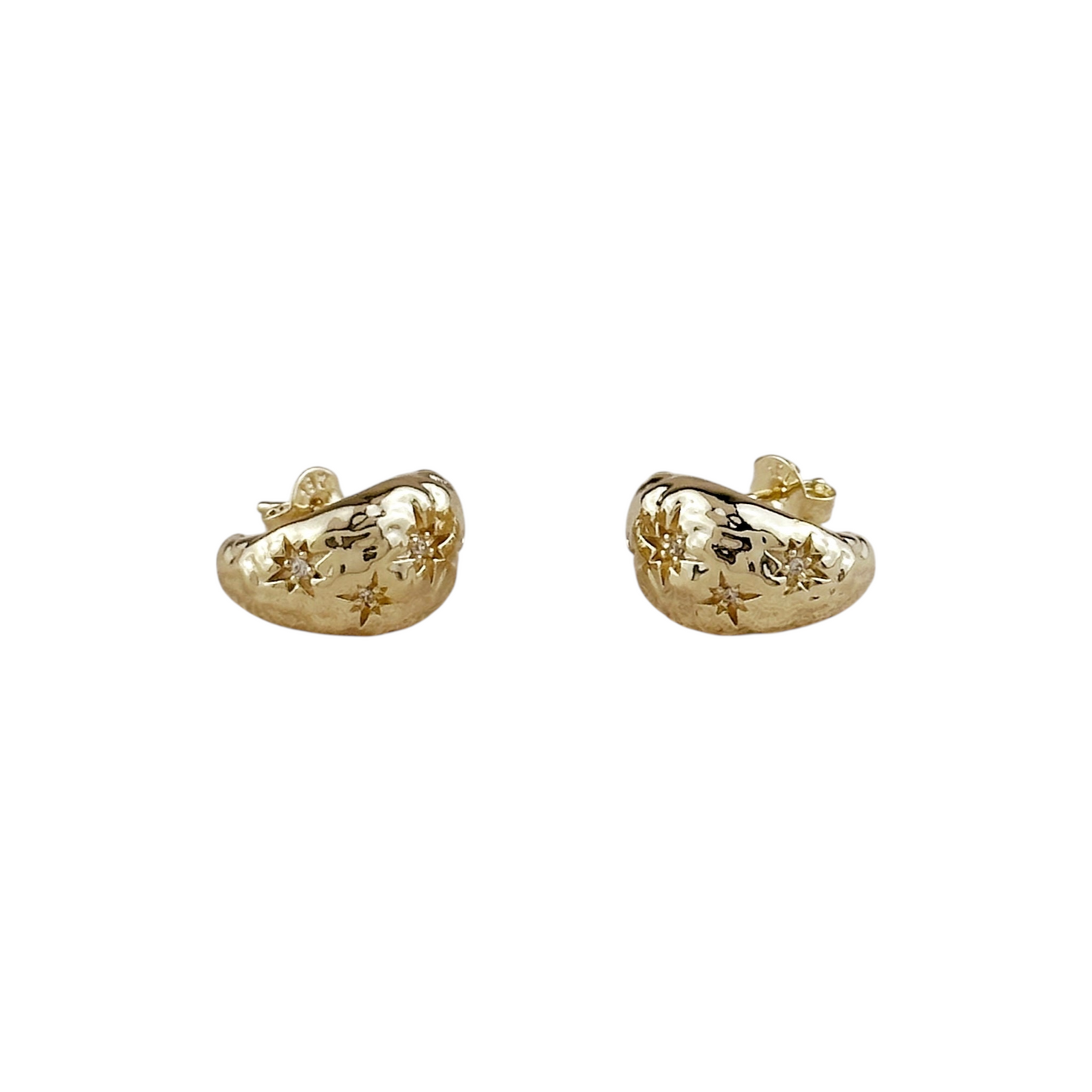 Hammered Crescent Moon Open Hoop CZ 15mm 18K Gold Filled Earrings