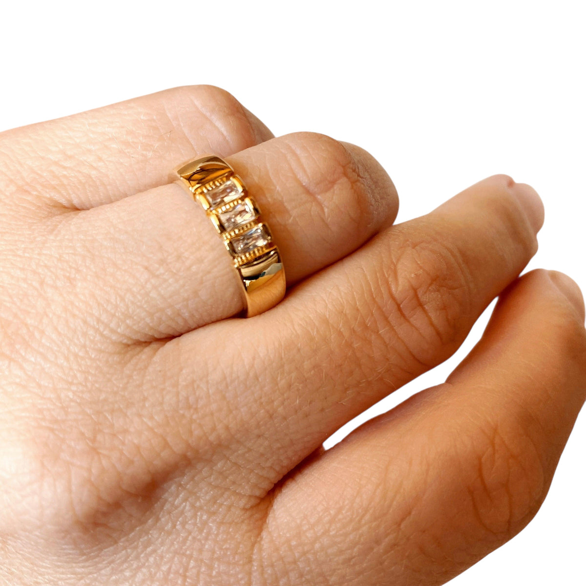 Trio Baguette CZ Band Ring in 18K gold-filled, view 2