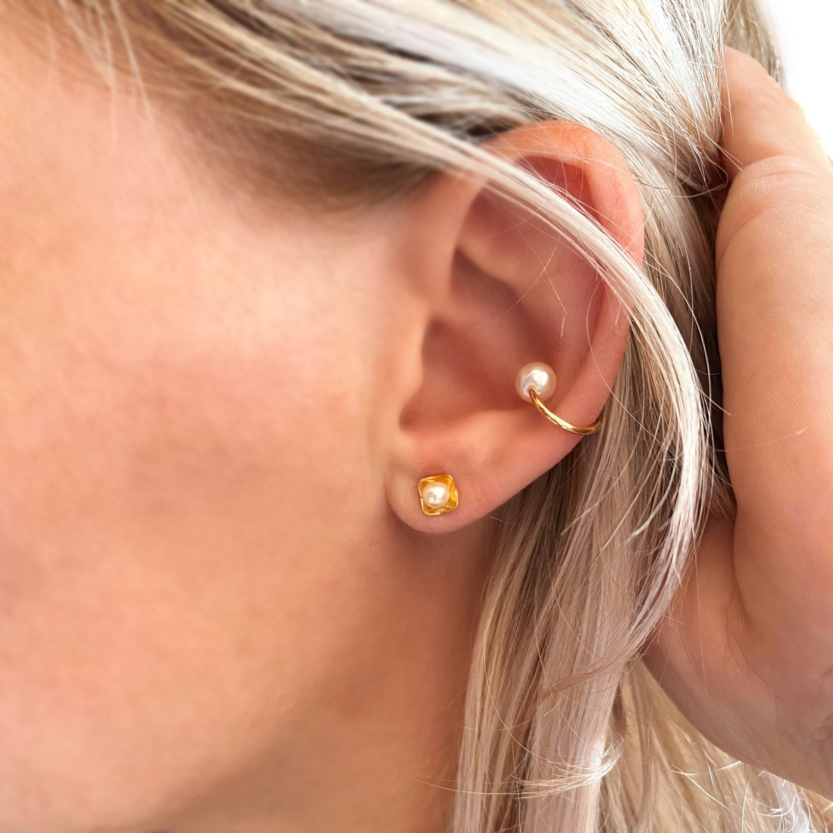 Pearl Square Plate 4mm Stud Earrings in 18K gold-filled, view 3