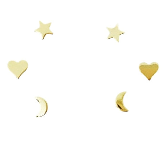 Trio Moon Star & Heart Stud 18k Gold Filled Earrings