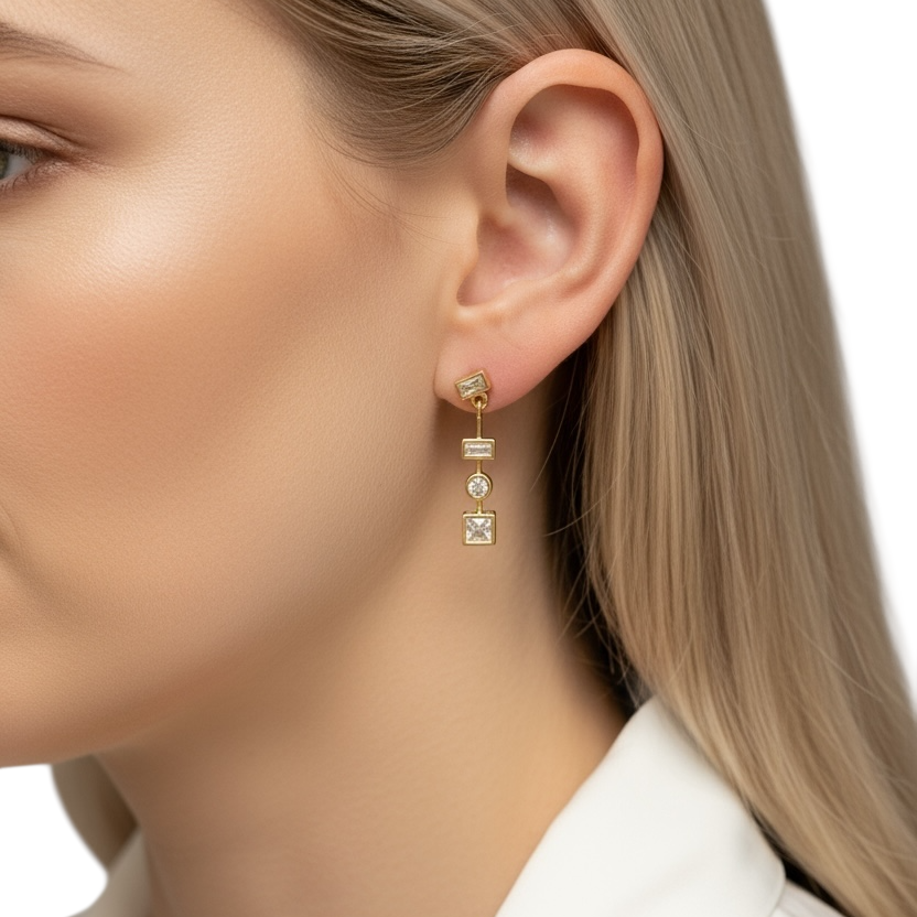 25mm Multi-Geometric Clear CZ 18K Gold Filled Drop Earrings