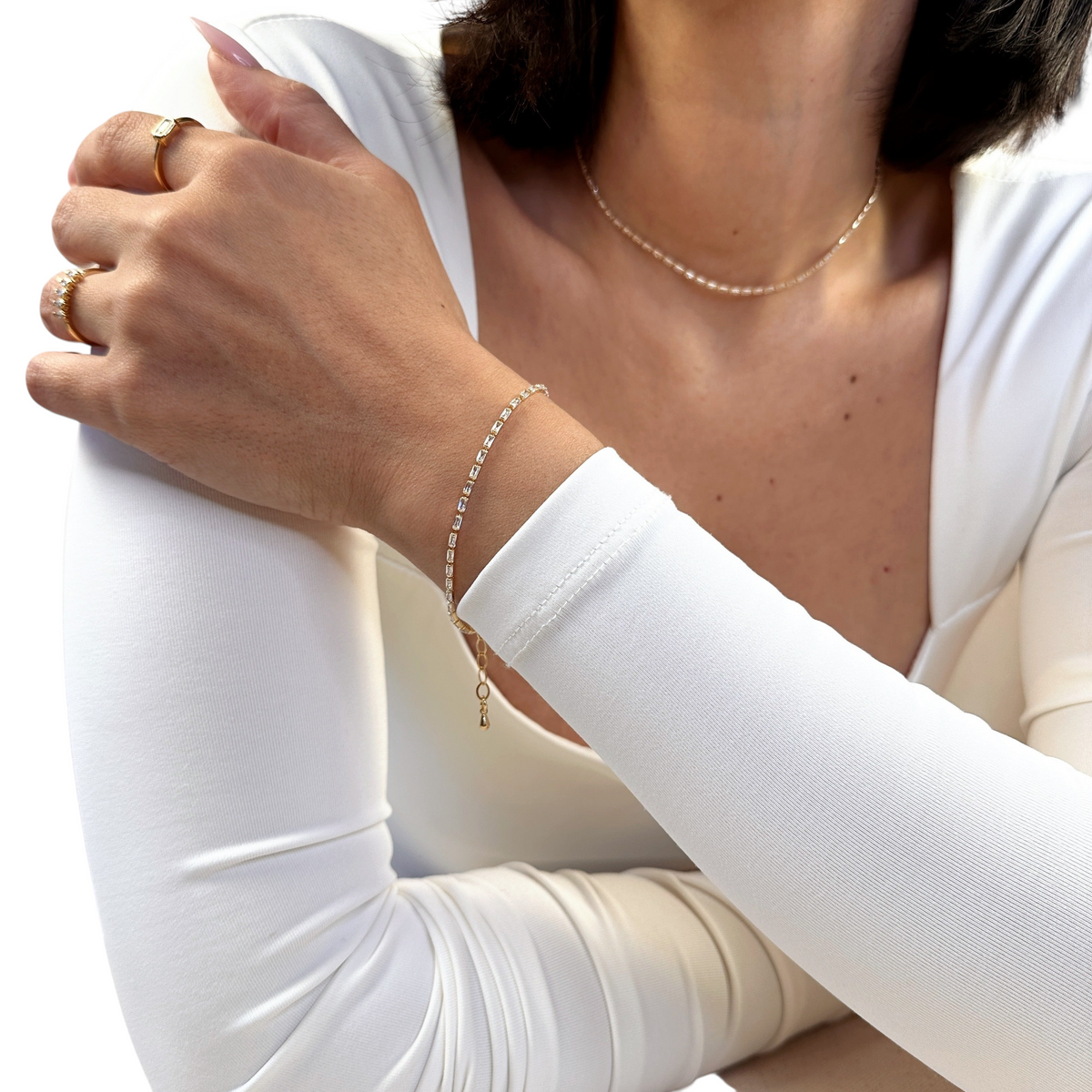 Baguette CZ 1.5mm Riviera Bracelet in 18K gold-filled, view 3
