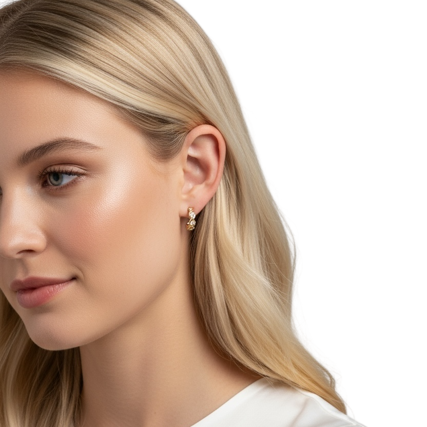 Swirl Open Hoop Clear CZ 15mm Earrings in 18K gold-filled, view 3