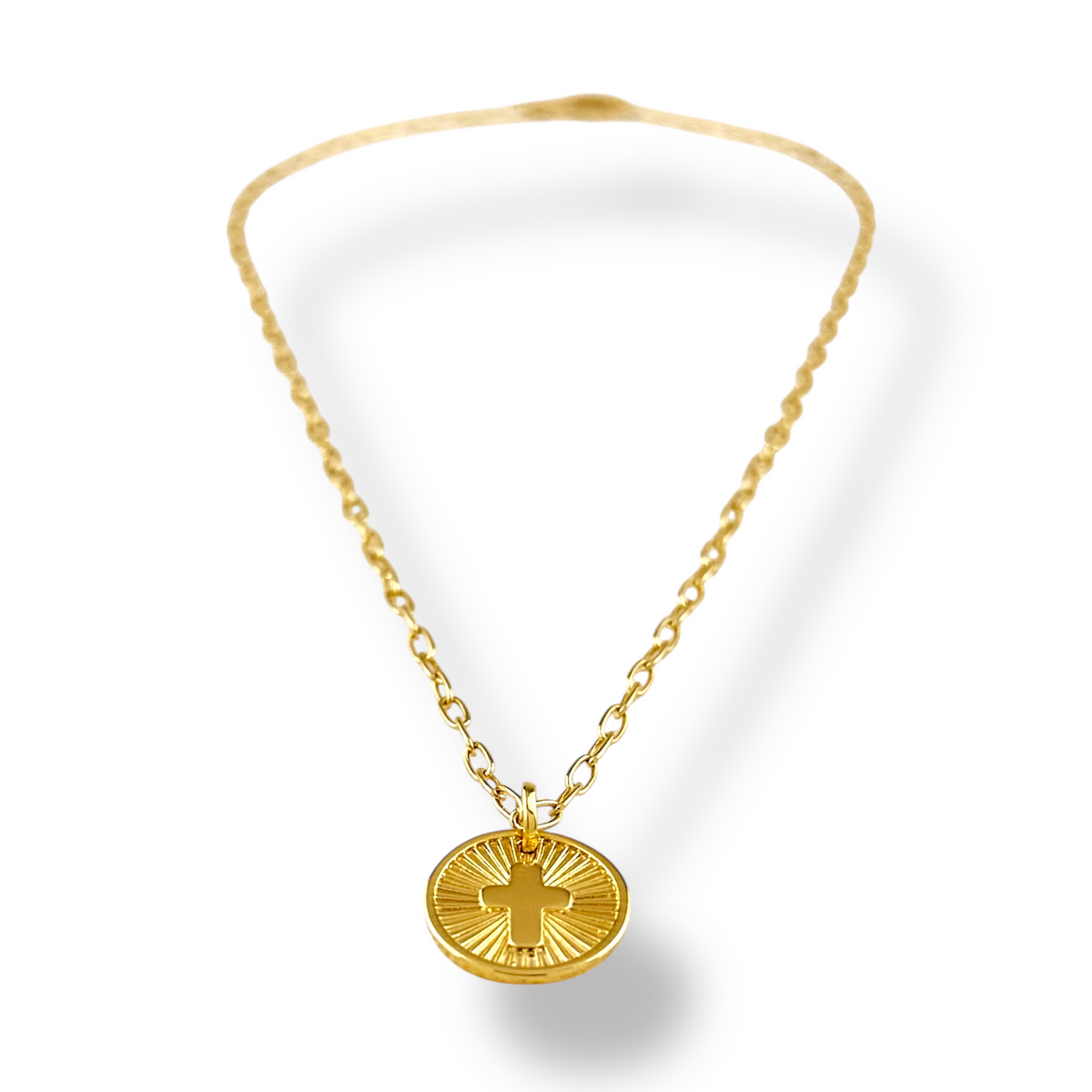 Sunburst Cross Medallion Necklace in 18K gold-filled, view 3