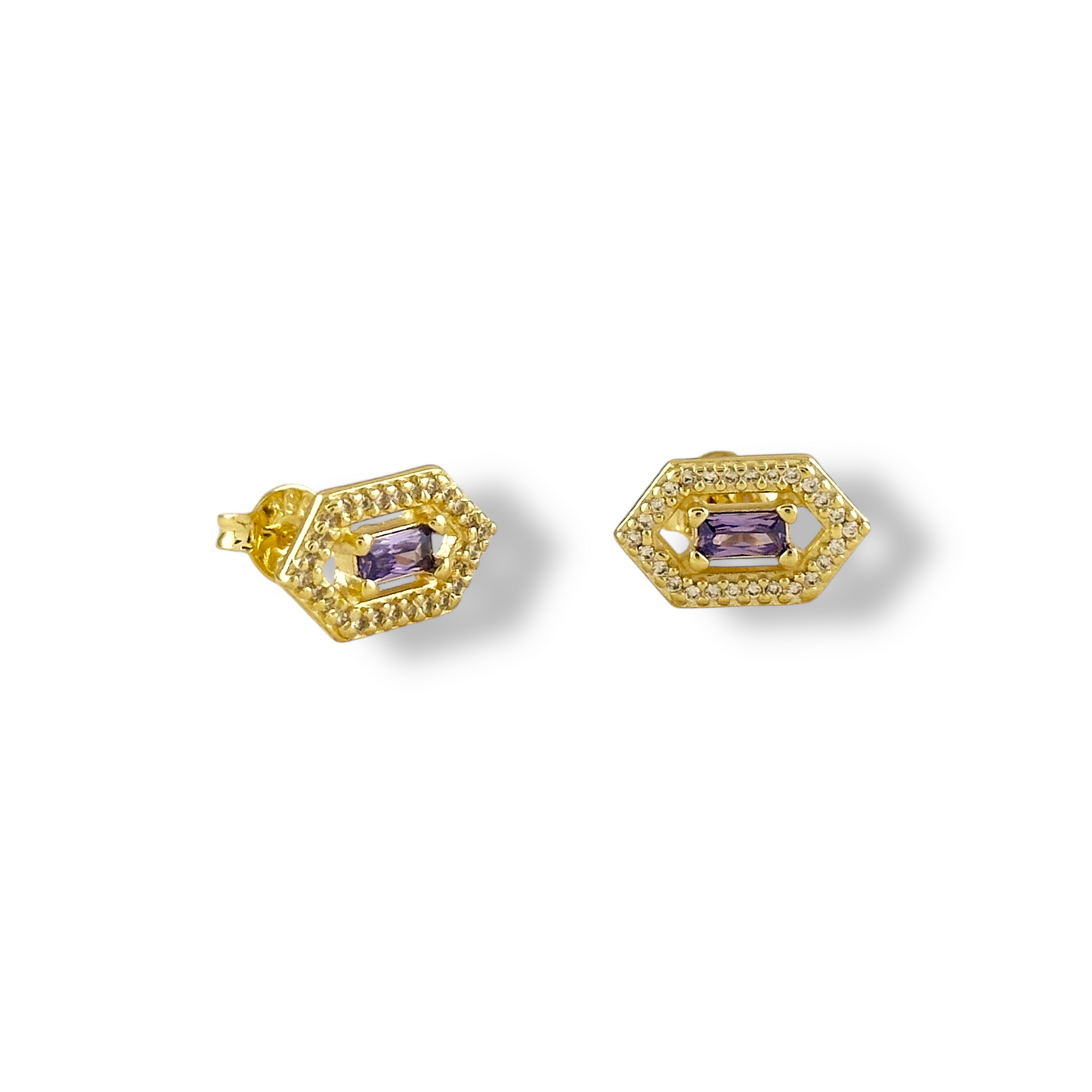 Birthstone Baguette Hexagon Halo 18K Gold Filled Stud Earrings