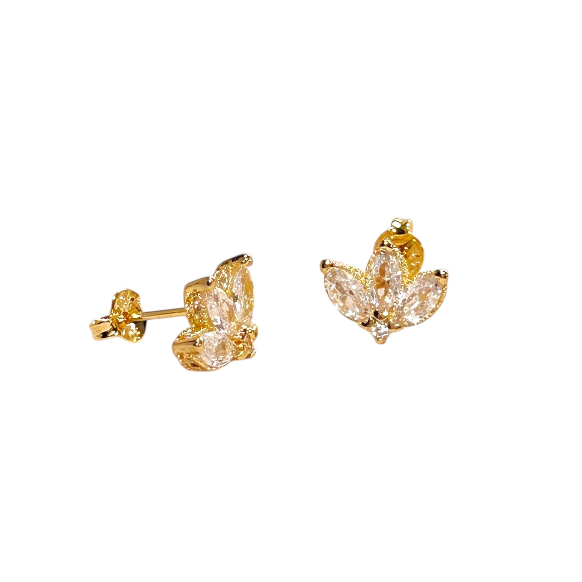 Vintage Lotus Flower Clear CZ 11.5mm Stud Earrings in 18K gold-filled, view 4