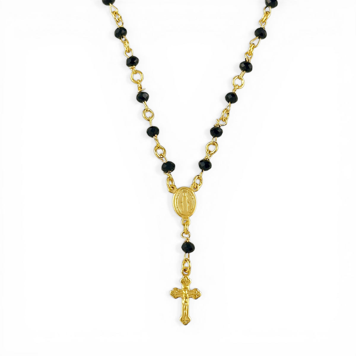 Fashion Rosary with Black Beads Necklace in 18K gold-filled
