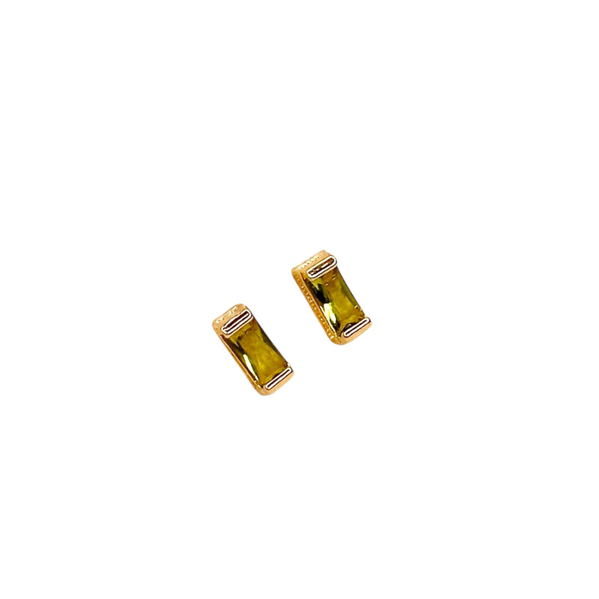 Birthstone Baguette Bezel CZ 10mm Stud Earrings in 18K gold-filled, August Peridot