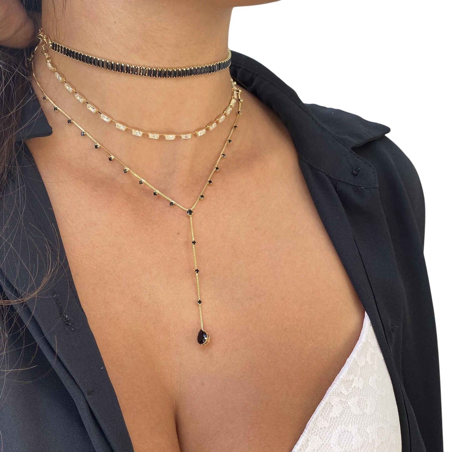 Sideways Baguette CZ Choker 18k Gold Filled Necklace