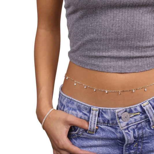 Belly chain with CZ drops styled low on waist with crop top