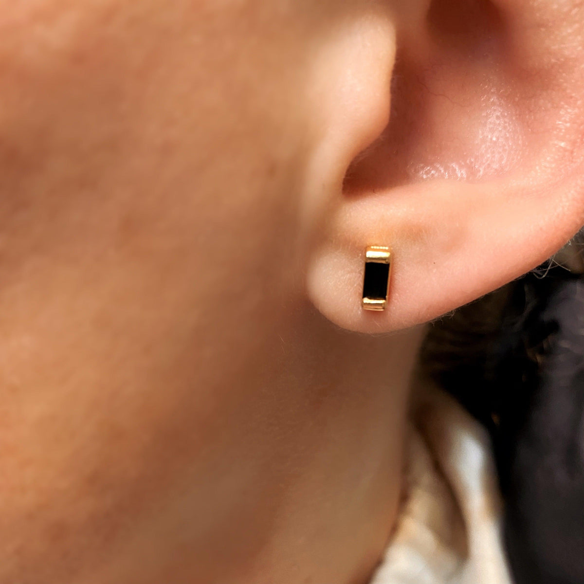 Baguette Black CZ 6mm Stud Earrings in 18K gold-filled, view 2