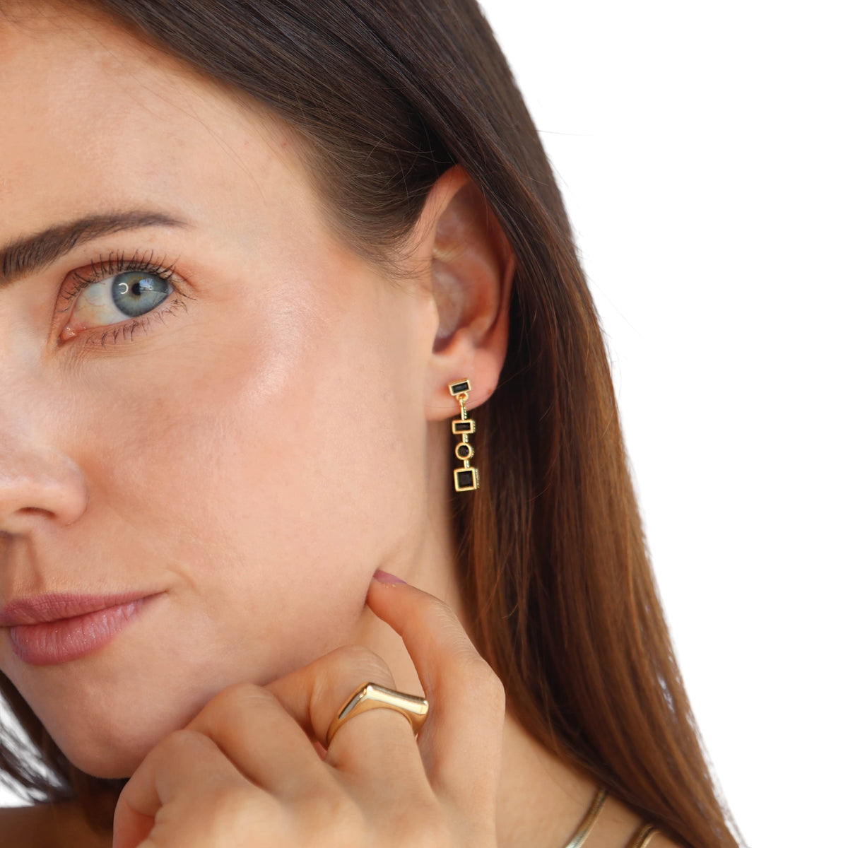 Black Geometric Bezel CZ Drop Earrings on Model