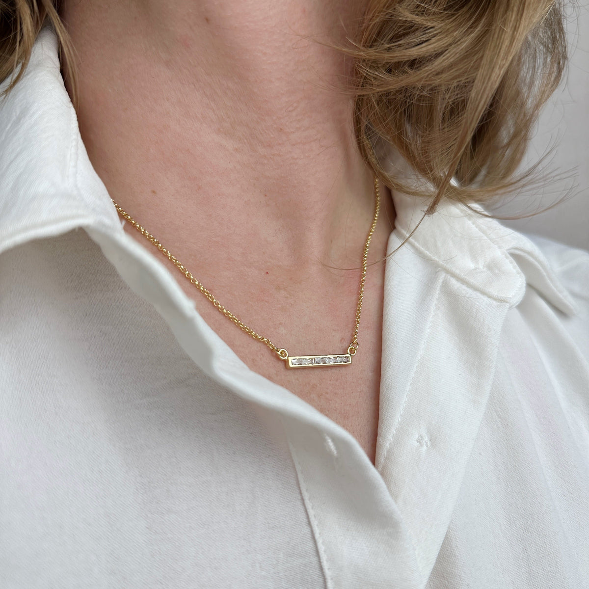 Baguette CZ Bar 25mm Necklace in 18K gold-filled, view 6