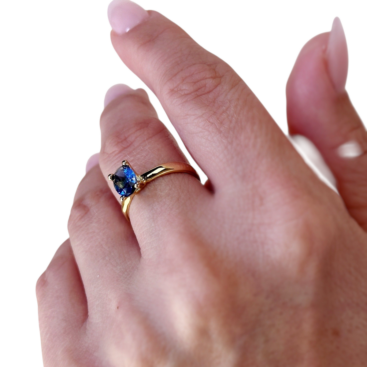 Solitaire Royal Blue CZ Ring in 18K gold-filled, view 6