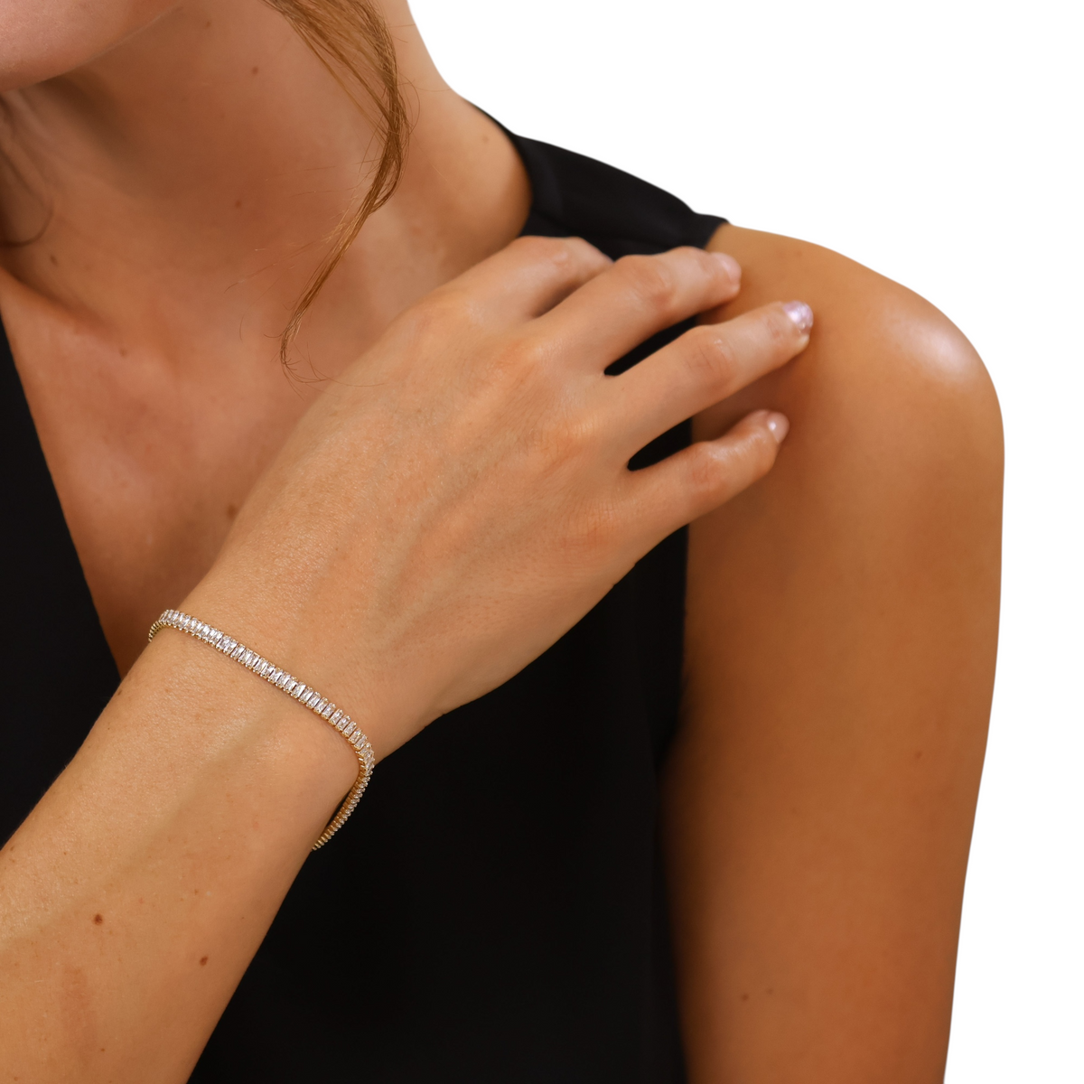 Baguette CZ 3mm Riviera Bracelet in 18K gold-filled, view 3