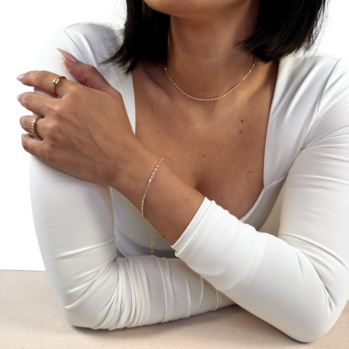 Baguette CZ 1.5mm Riviera Bracelet in 18K gold-filled, view 5